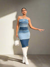 Furry Hem Fabulousness: Color-Blocked Denim Strapless Dress for a Slim Fit