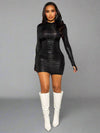 Crocodile Chic: Women's Long Sleeve Bodycon Dress in Textured PU Leather