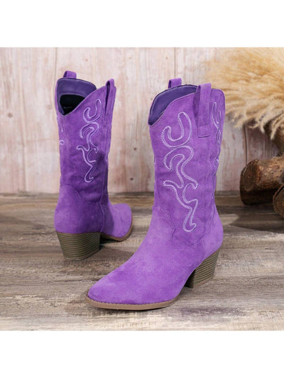 Stylish Western-Inspired Embroidered Mid-Calf Wedge Boots for Women