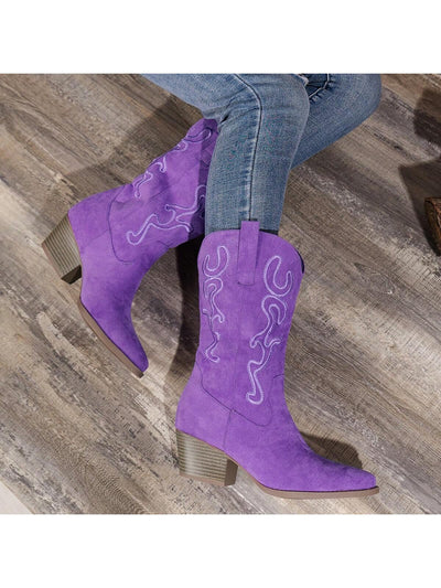 Stylish Western-Inspired Embroidered Mid-Calf Wedge Boots for Women