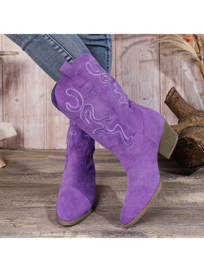 Stylish Western-Inspired Embroidered Mid-Calf Wedge Boots for Women