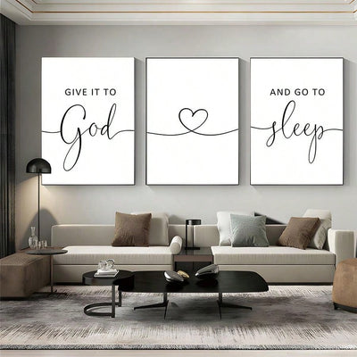 3 Piece Canvas Wall Art Set with "Give It To God And Go To Sleep" Slogan for Farmhouse Bedroom Decor