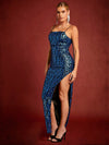 Sparkling Elegance: Lace-Up Backless Sequin Dress with Daring Split