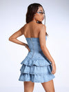 Bare Shoulders Babe: Blue Elastic Strapless Denim Mini Dress