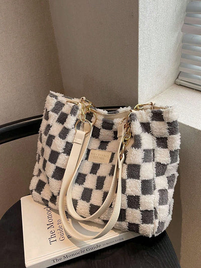 Chic Checkered Fuzzy Shoulder Tote Bag for Stylish Professionals and Students