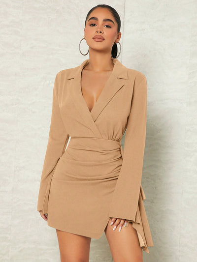 Elegance Redefined: Lapel Collar Ruched Split Hem Dress