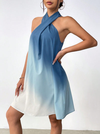 Chic Blue Gradient Halter Neck Dress for Spring Break