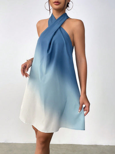 Chic Blue Gradient Halter Neck Dress for Spring Break