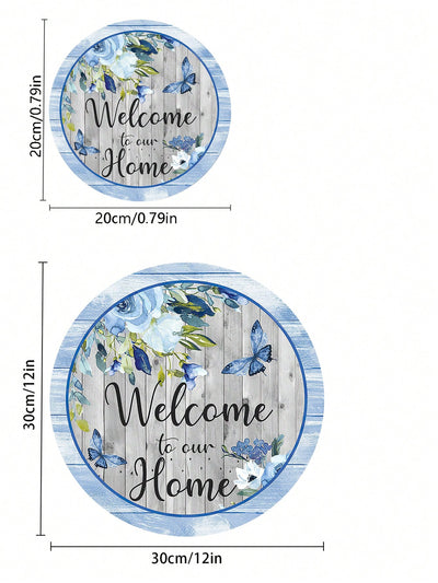 Blue Flower Butterfly Welcome Door Hanging Sign - Charming Wood Plaque Decoration