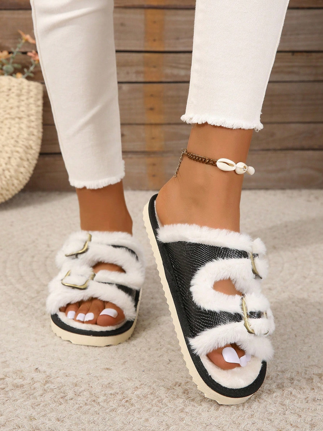 Introducing Cozy Comfort plush house slippers for women. With a secure buckle strap, these slippers provide maximum comfort and support for in-home wear. Enjoy cozy relaxation in style.