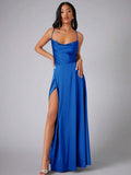 Royal blue satin evening dress front view with thin straps and slit