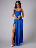 Royal blue draped-neckline dress front view with long slit