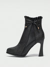 Beige Elegance: Ruffle Trim Bow Decor Heeled Boots for Women