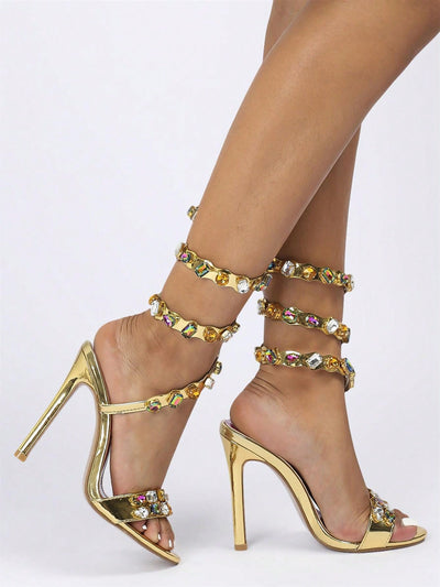 Sparkling Nights: Luxury Gold Rhinestone Stiletto Heels for Weddings and Parties