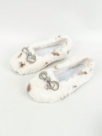 Diamond Buckle Bow Furry Women's Shoes - Chic and Cozy Comfort for Every Occasion