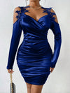 Elegance in Satin: Lace Patchwork Open Shoulder Bodycon Dress