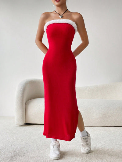 Cozy Holiday Charm: Christmas Fuzzy Strapless Tube Dress