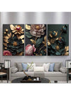 Minimalist Beauty: 3 Piece Frameless Black and Golden Flower Poster Set for Home and Office Decor