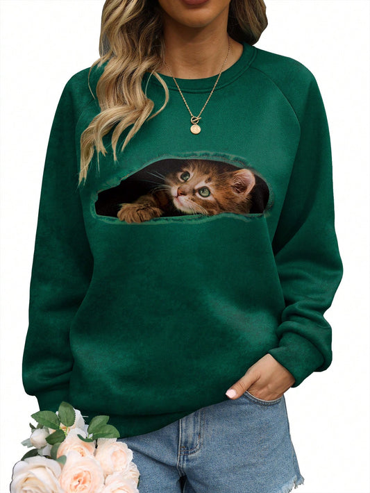 This Playful Feline Fun Sweatshirt is a purr-fect addition to any cat lover's wardrobe. Made with a round neck and a cute cat print design, this sweater is both stylish and comfortable. Made with high-quality materials, it is perfect for a cozy day at home or a fun outing with friends.