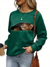 Playful Feline Fun Sweatshirt: Women's Round Neck Cat Print Sweater