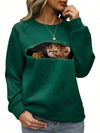 Playful Feline Fun Sweatshirt: Women's Round Neck Cat Print Sweater