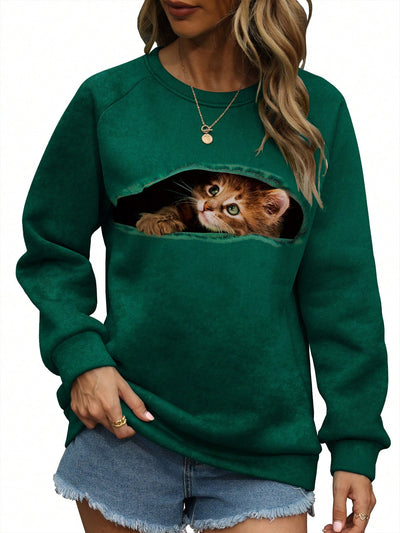 Playful Feline Fun Sweatshirt: Women's Round Neck Cat Print Sweater