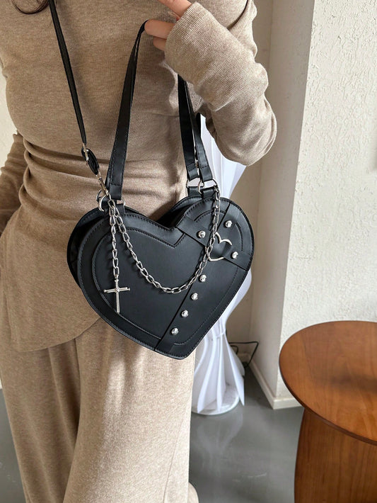 Rivet Embllelished Heart Shaped Cross Body Bag: A Punk Rock Festival Must-Have