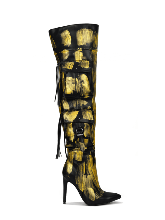Sleek and Stylish: Detroit Thigh-High Metallic Denim Boots