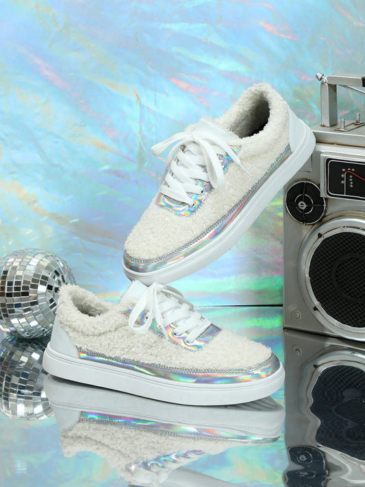 Sparkle into the New Year with White Shiny Silver Color-Spliced Sneakers - Perfect Christmas Gift for Women!