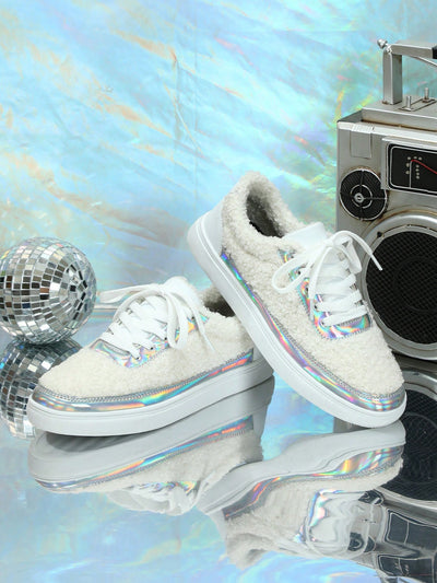 Sparkle into the New Year with White Shiny Silver Color-Spliced Sneakers - Perfect Christmas Gift for Women!