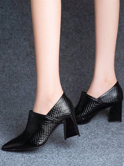 Black British Style Embossed Pointed Pumps: Elegant, High Heeled Comfort