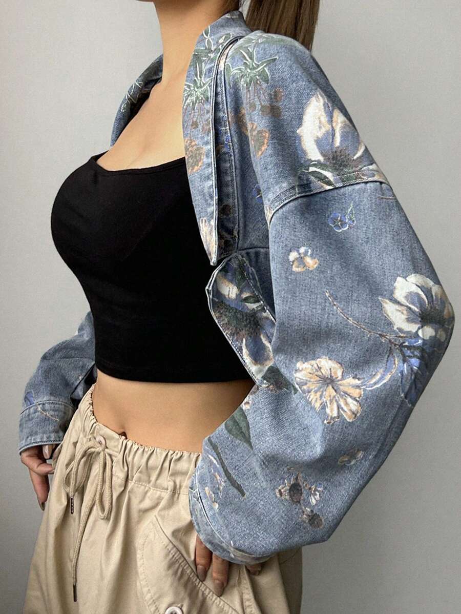 Floral Print Open Front Denim Jacket for Trendy Y2K Style Women - women outerwear jacket visible in all media images, product image 3