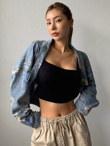 Floral Print Open Front Denim Jacket for Trendy Y2K Style Women - women outerwear jacket visible in all media images, product image 3