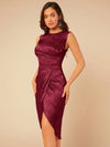 Elegant Burgundy Floral Jacquard Wrap Dress with Ruffle Hem