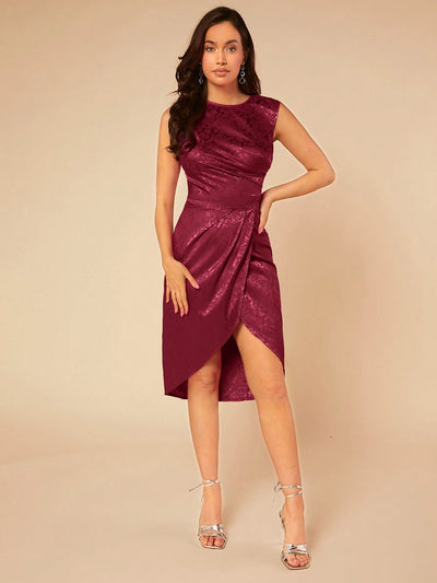 Elegant Burgundy Floral Jacquard Wrap Dress with Ruffle Hem