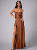 Brown satin evening gown front view with draped bodice and high slit