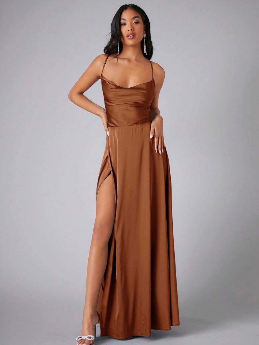 Brown satin evening gown front view with draped bodice and high slit