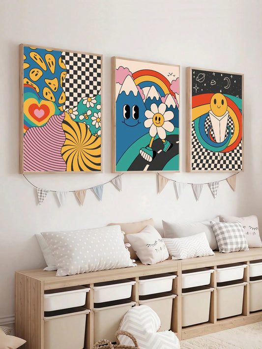 Introduce a whimsical touch to your modern home decor with our set of 3 Flower Rainbow Cartoon Posters. Each poster features a vibrant flower design, adding a colorful and playful touch to any room. Made with high-quality material, these posters are durable and long-lasting, making them a great addition to your decor. Brighten up your space and inspire creativity with this whimsical trio.