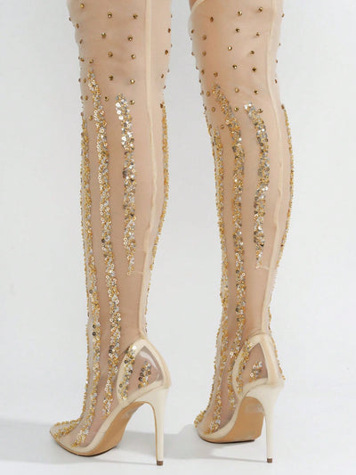 Dazzling Bride: Rhinestone-Coated Thigh-High Mesh Boots