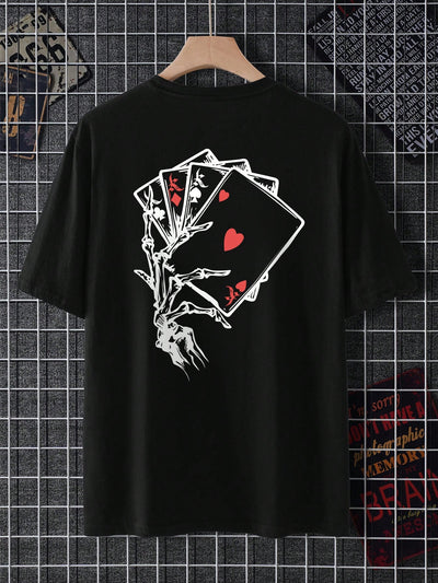 Men's Poker Card and Skull Hand Print T-shirt - Ace of Spades Edition