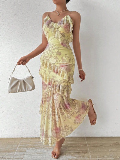 Blooming Beauty: Floral Print Ruffle Trim V-Neck Spaghetti Strap Dress