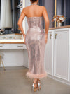 Sparkling Elegance: Strapless Glitter Bodycon Dress with Furry Hem