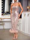 Sparkling Elegance: Strapless Glitter Bodycon Dress with Furry Hem