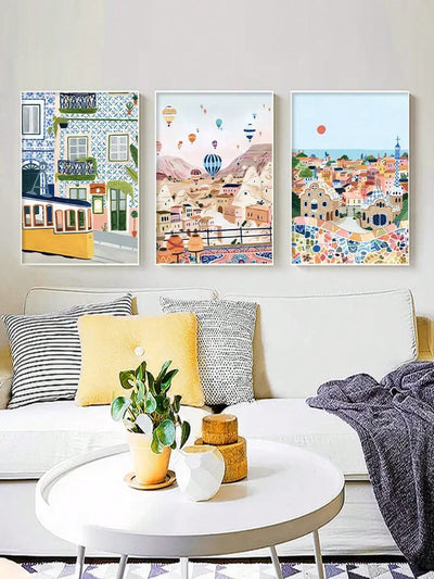 Nordic Travel Themed Canvas Triptych Set for Minimalistic Wall Art Decor without Frame