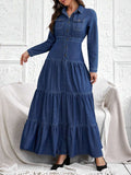 Front view of medium wash denim maxi dress with collar and long sleeves