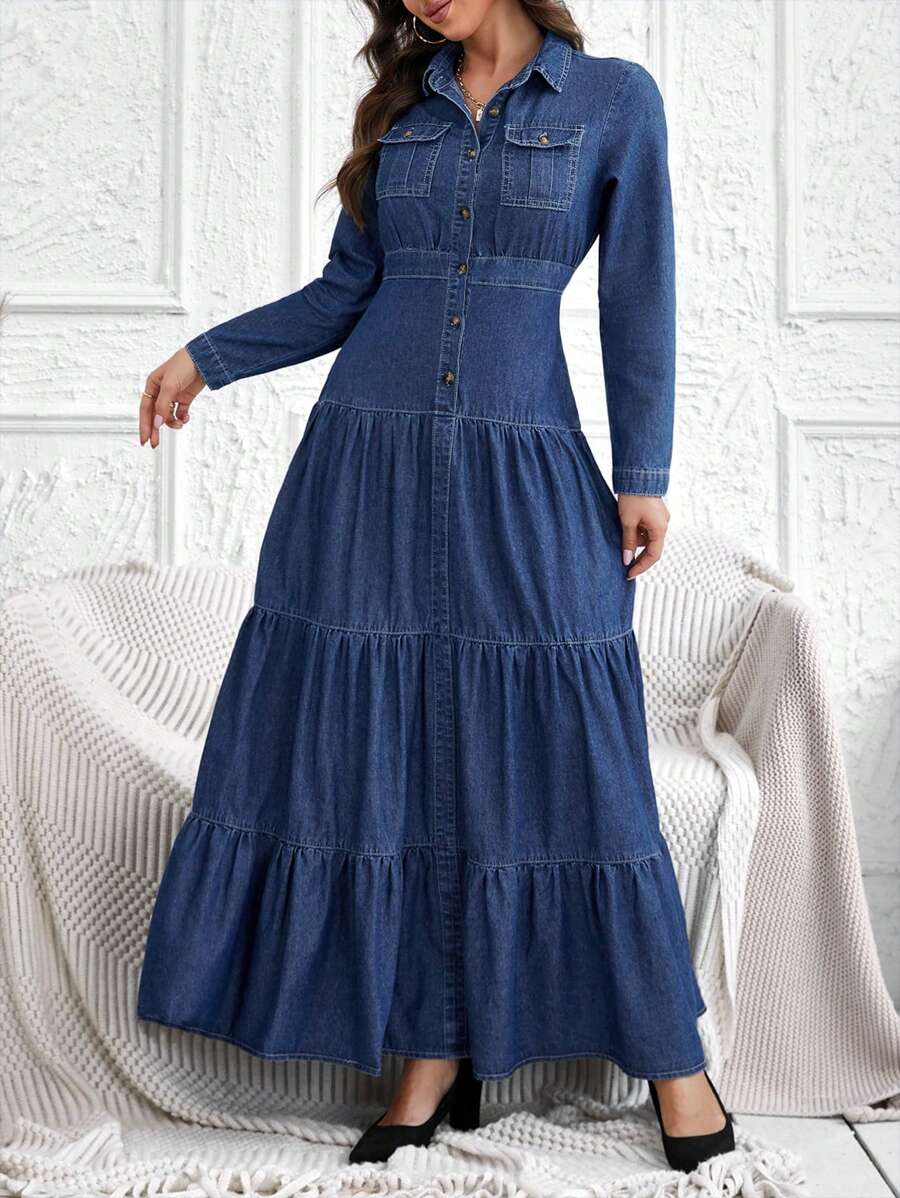 Front view of medium wash denim maxi dress with collar and long sleeves