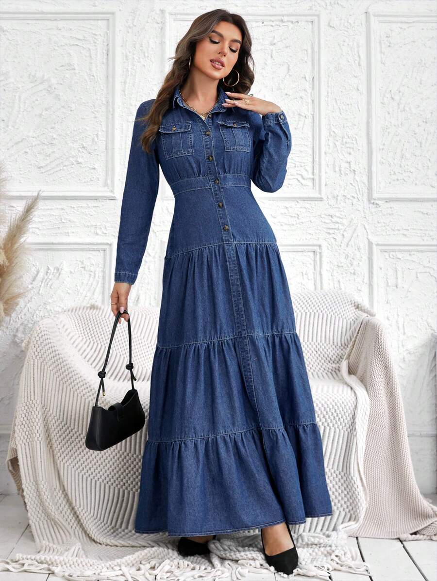 Front view of long sleeve denim dress with chest pockets and ruffle hem