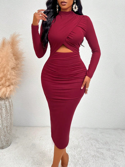 Chic Mock Neck Cut-Out Ruched Bodycon Dress - Elevate Your Style!