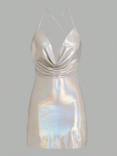 Sweetina Metallic Cami Dress with Draped Collar and Lace-Up Back