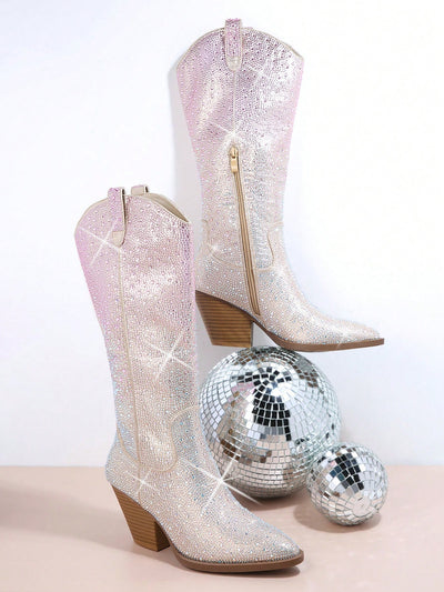 Sparkling Style: Women's Mid-Calf Boots With Rhinestone Decoration